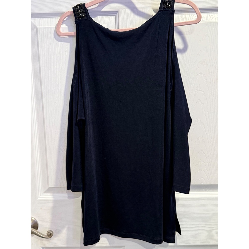 Travelers by Chico's Embellished Shoulder 3/4 Sleeve Top‎ Empress Blue Size 2